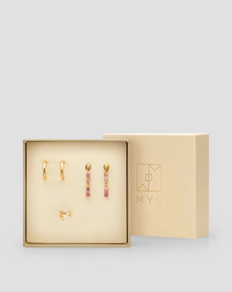 Boucles d’oreilles dorées à l’or fin avec pierres naturelles jade rose set de boucles d’oreilles Mys