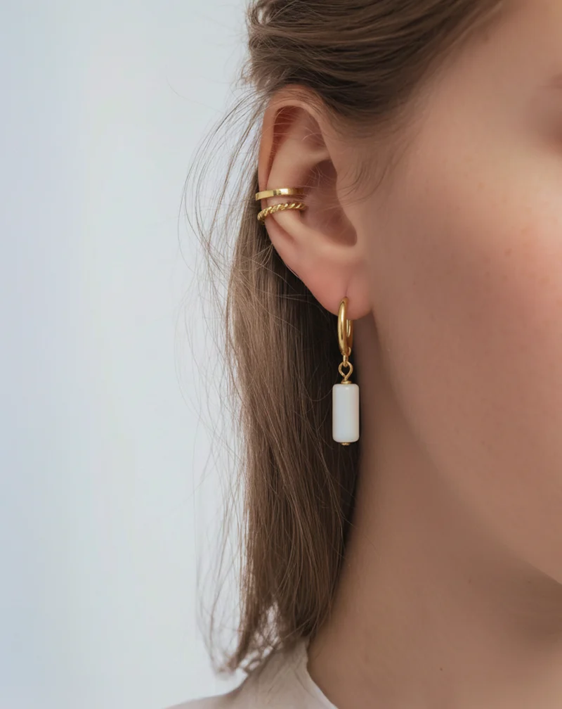 Boucles d’oreilles dorées à l’or fin avec pierres naturelles jade blanc set de boucles d’oreilles My
