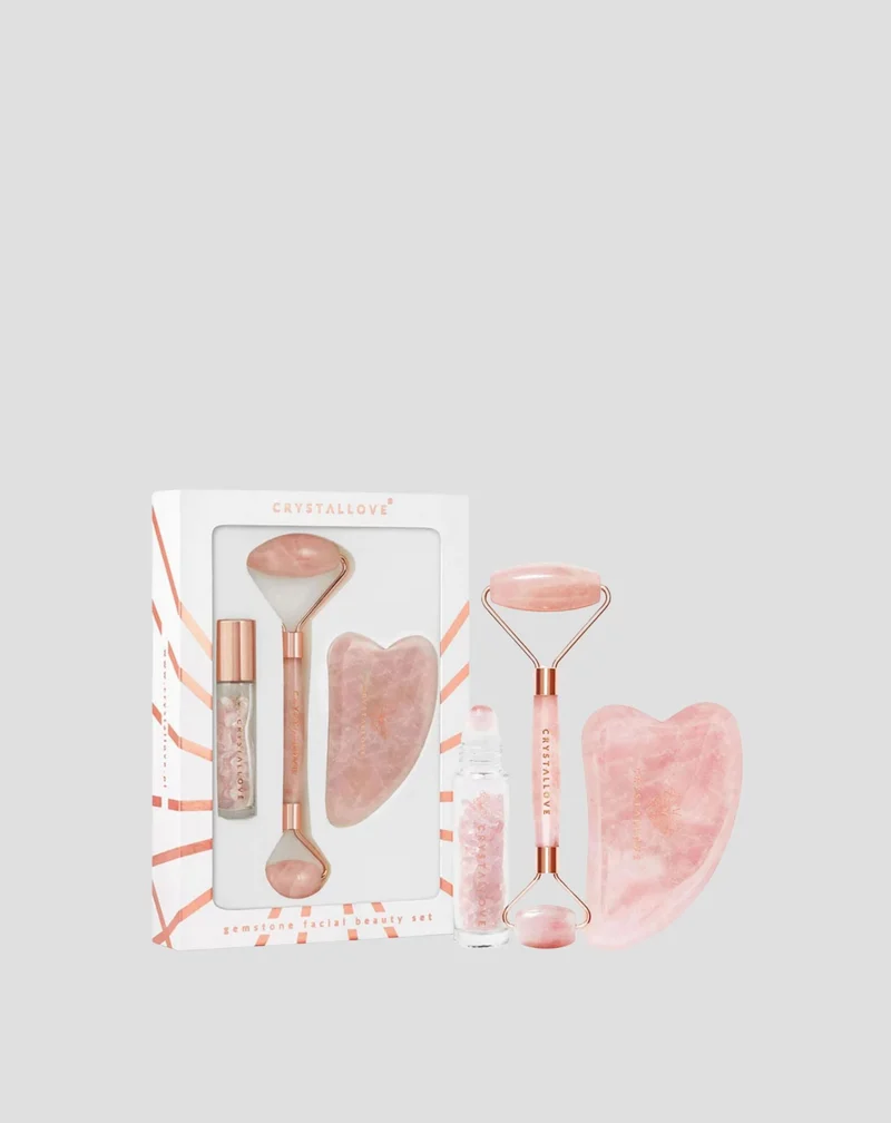 Rouleau visage + plaque gua sha + flacon roll-on Rose quartz beauty set Crystallove
