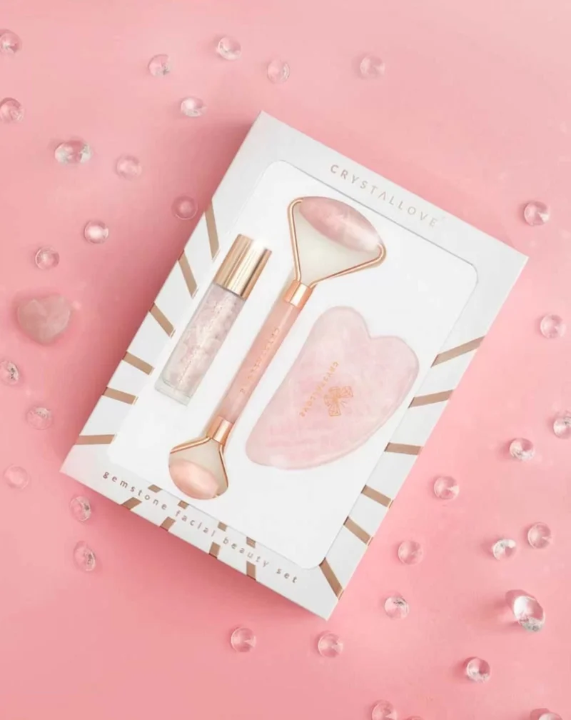 Rouleau visage + plaque gua sha + flacon roll-on Rose quartz beauty set Crystallove
