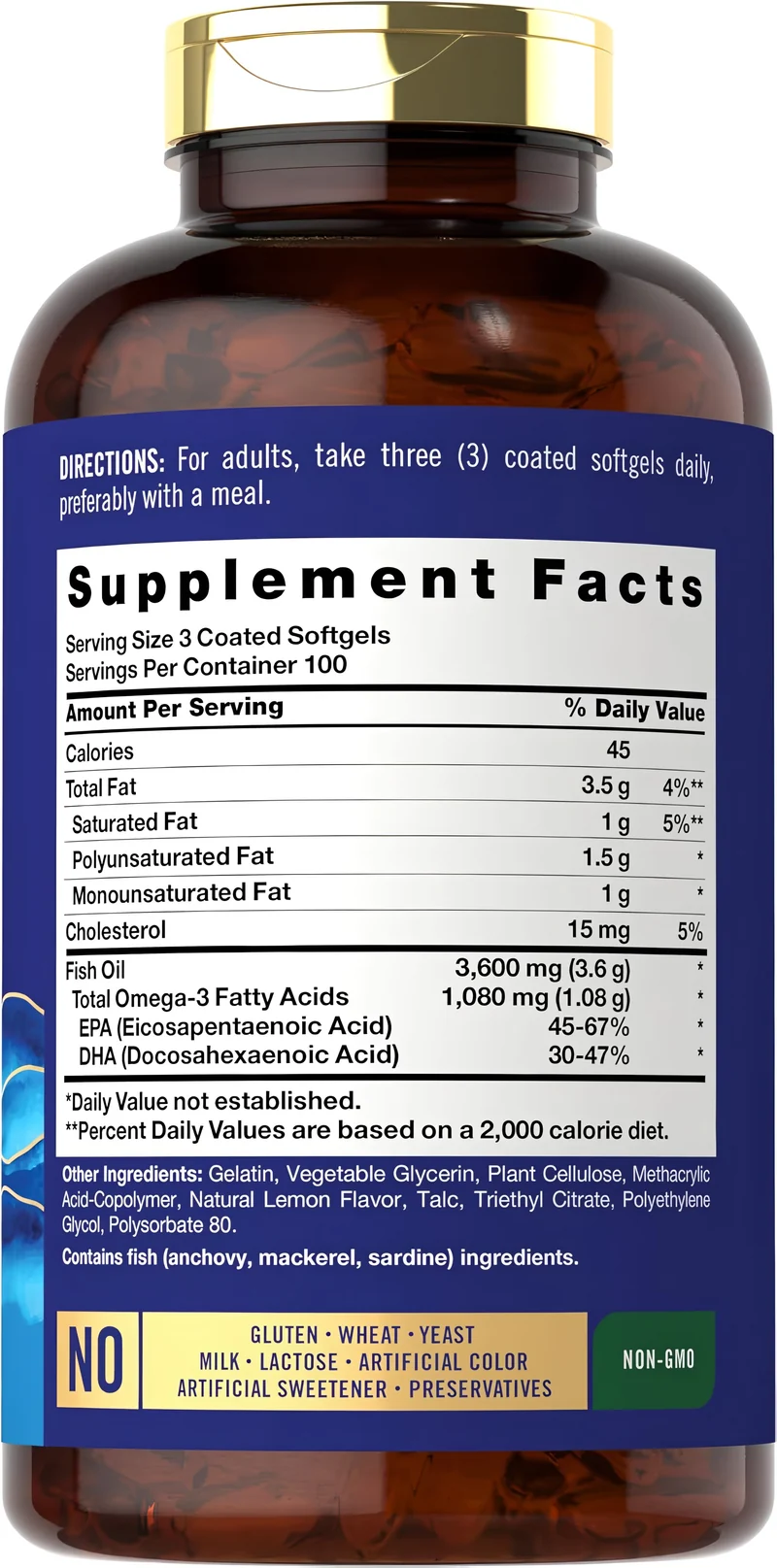 Omega-3 Fish Oil Burpless, 3600 mg (per serving), 300 Coated Softgels