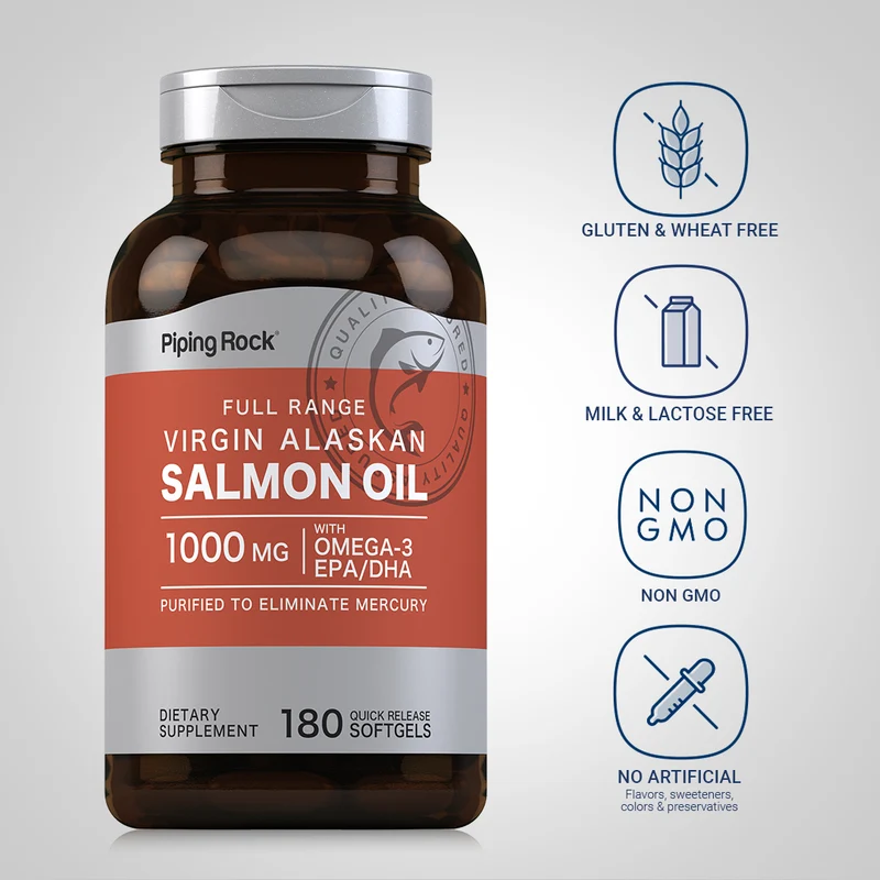 Salmon Oil 1000 mg Virgin Wild Alaskan Full Range, 180 Quick Release Softgels, 2 Bottles