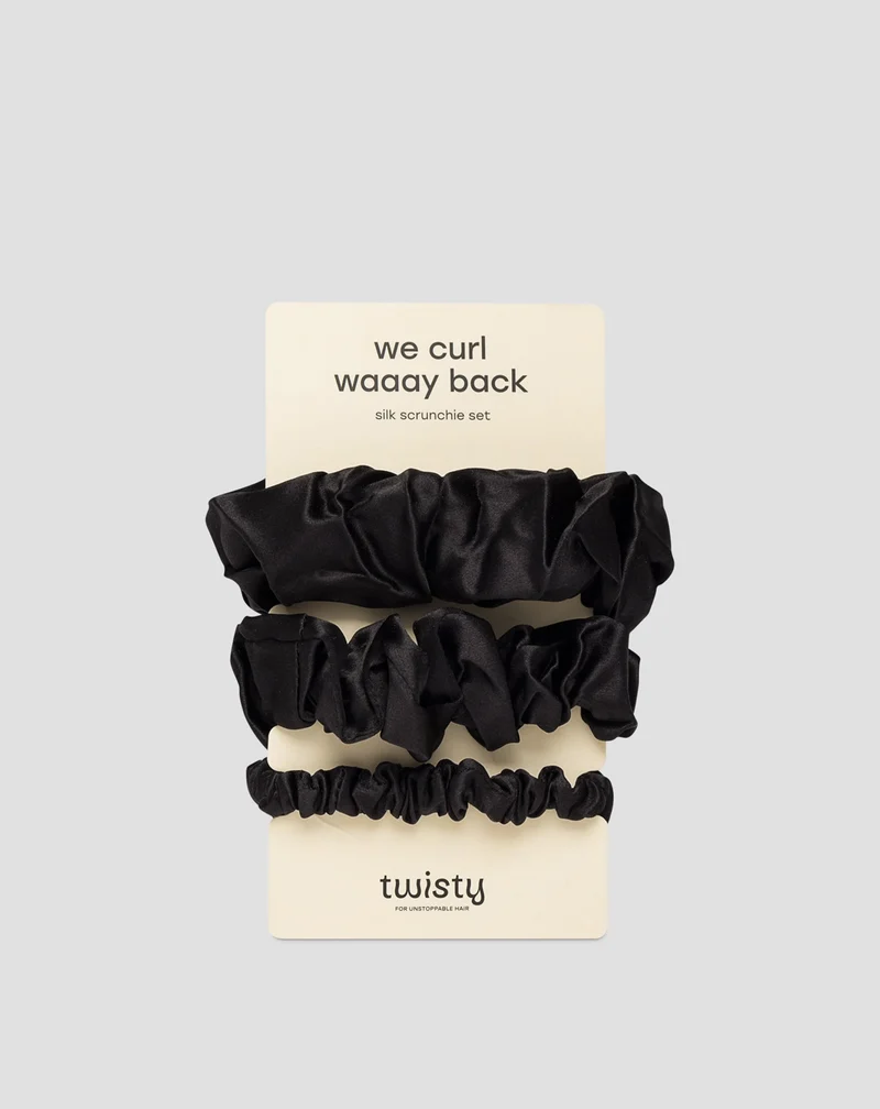 Lot de 3 chouchous noirs Twisty en soie 100 % naturelle