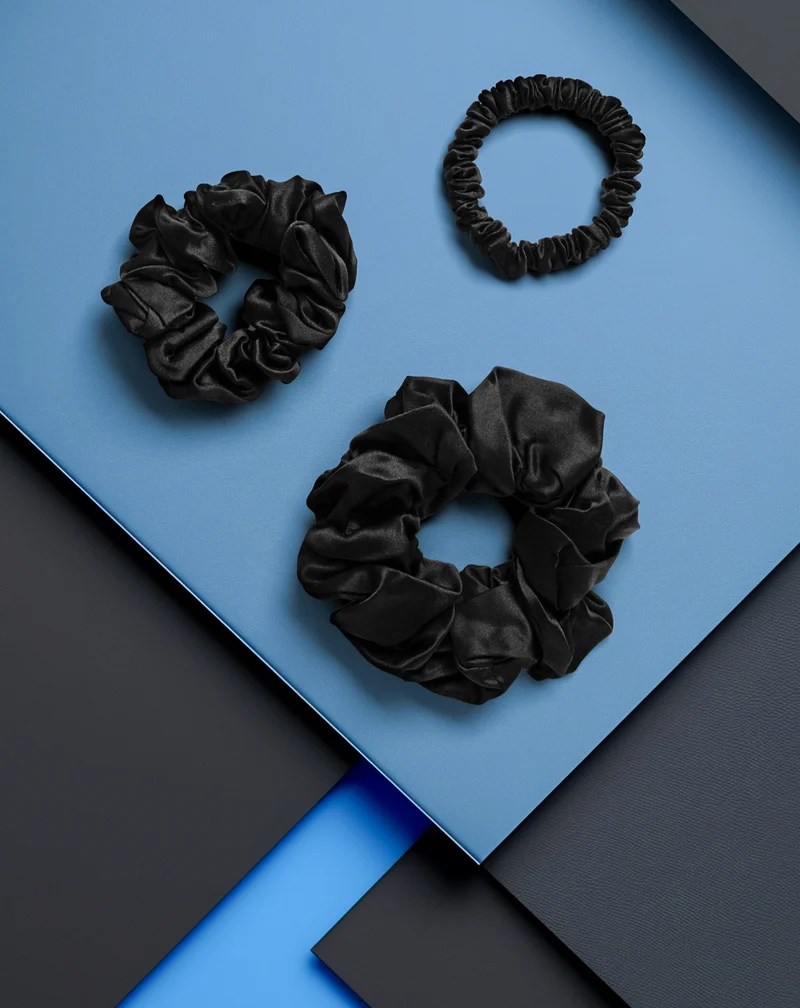 Lot de 3 chouchous noirs Twisty en soie 100 % naturelle