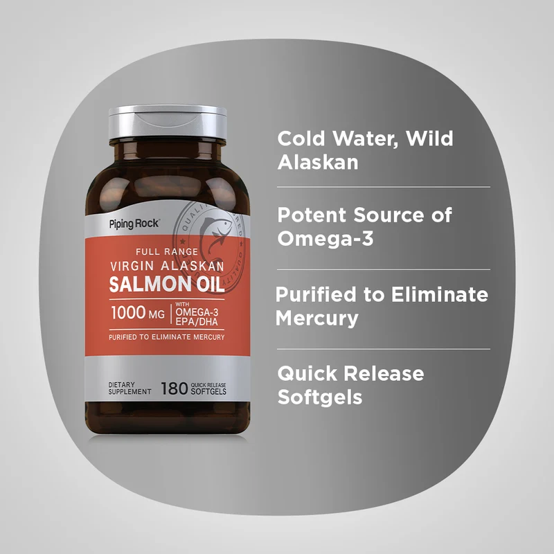 Salmon Oil 1000 mg Virgin Wild Alaskan Full Range, 180 Quick Release Softgels