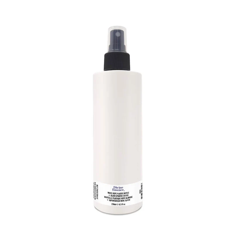 White HDPE Plastic Bottle 250ml + Black Sprayer 24/410