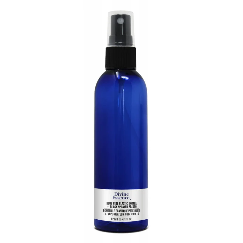 Blue PETE Plastic Bottle 120ml + Black Sprayer 20/410