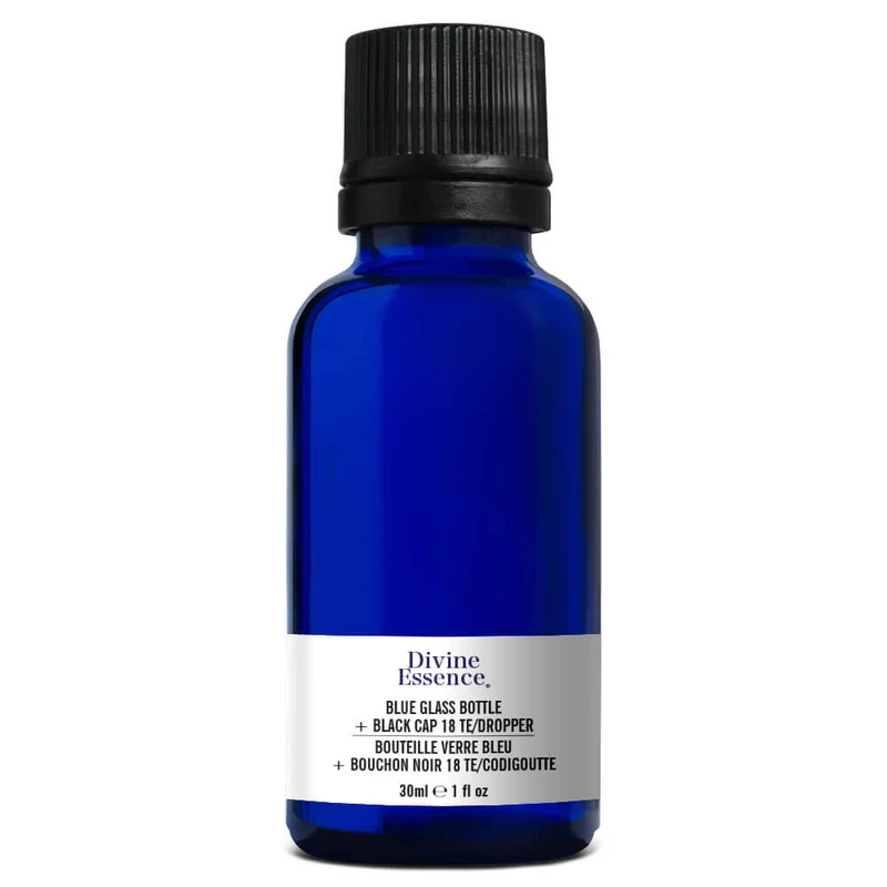 Blue Glass Bottle 30 ml + Black Cap 18 TE/Dropper