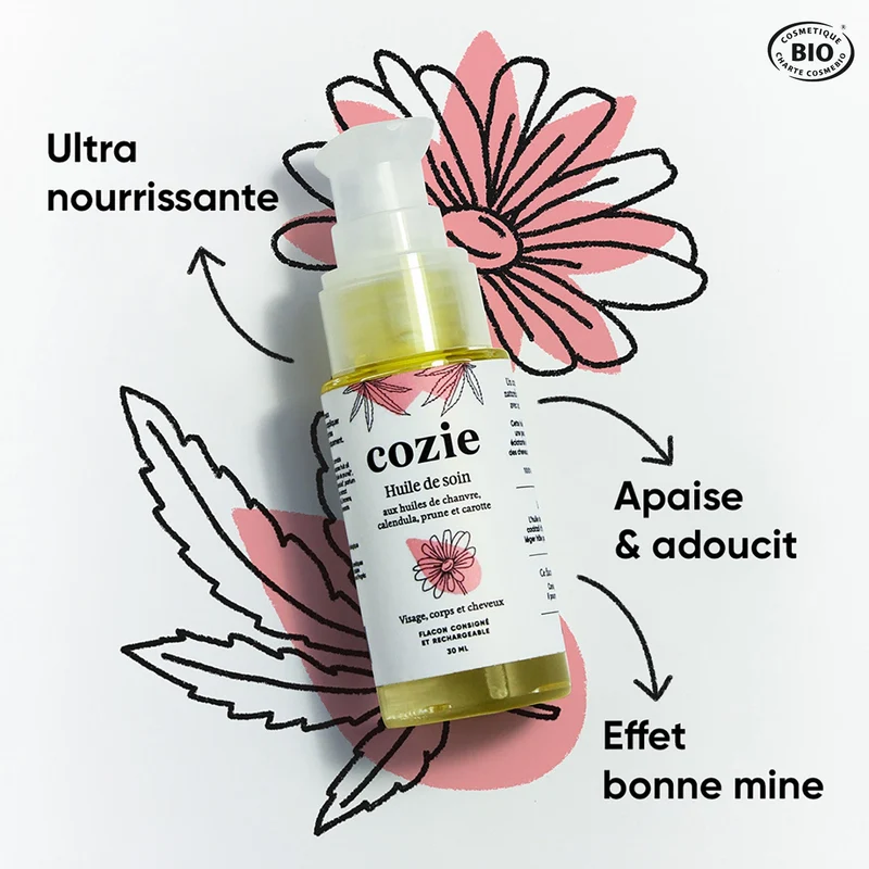 Huile de soin aux huiles de chanvre, calendula, prune et carotte
