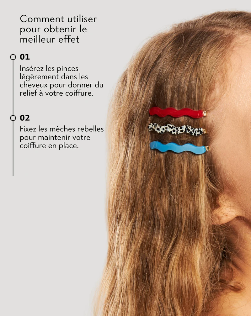 Set d'épingles à cheveux marbrées, bleues, rouges de Twisty - 3 pcs.