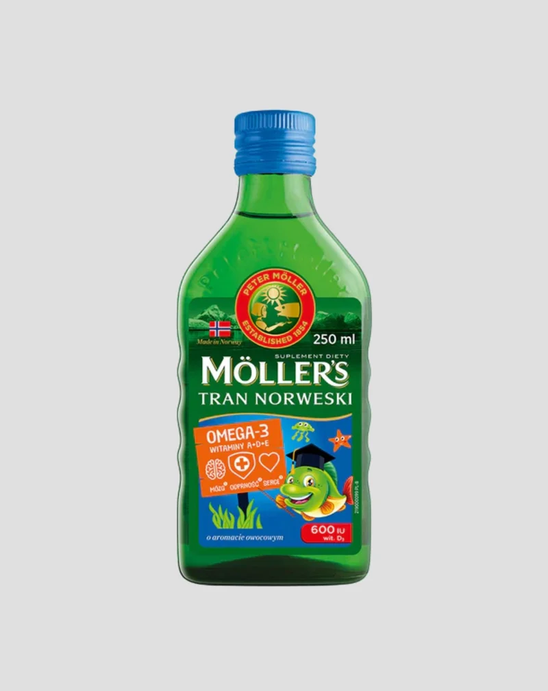 Huile de foie de morue norvégienne aromatisée aux fruits avec 600 UI de vitamine D3