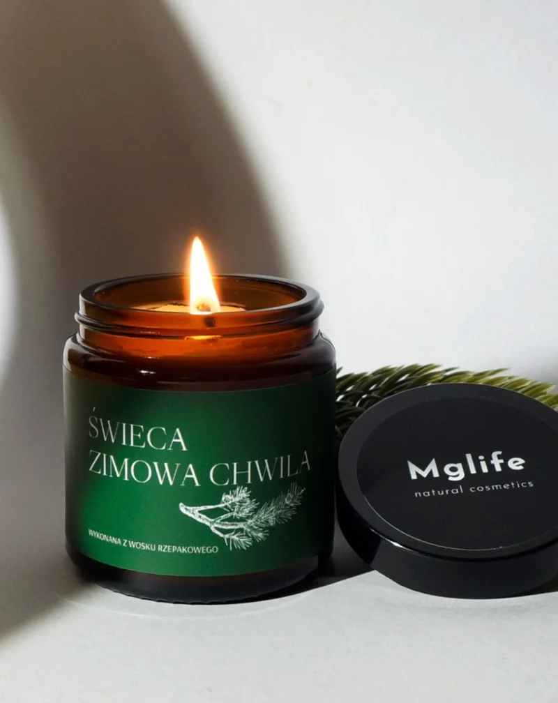 Bougie végétalienne au colza Moment hivernal aux senteurs de pin, de cèdre et d'ambre 120 ml MgLife