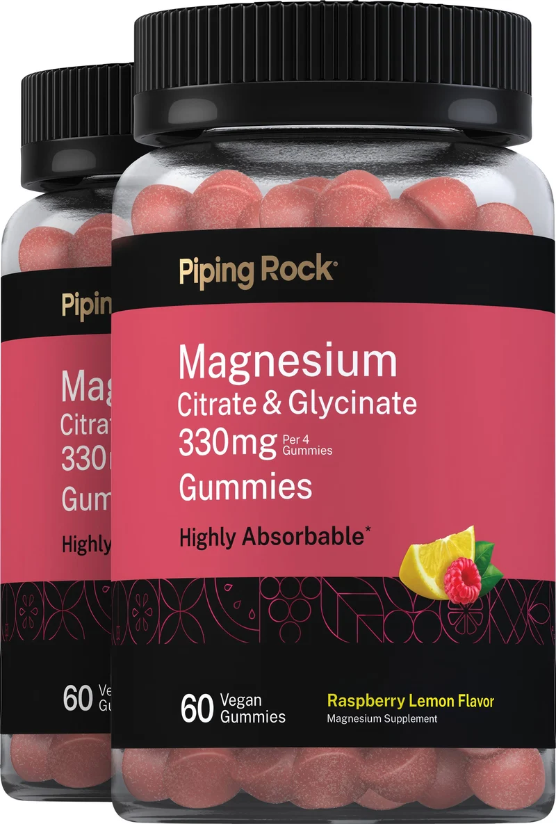 Magnesium Citrate & Glycinate (Raspberry Lemon), 330 mg (per serving), 60 Vegan Gummies, 2 Bottles