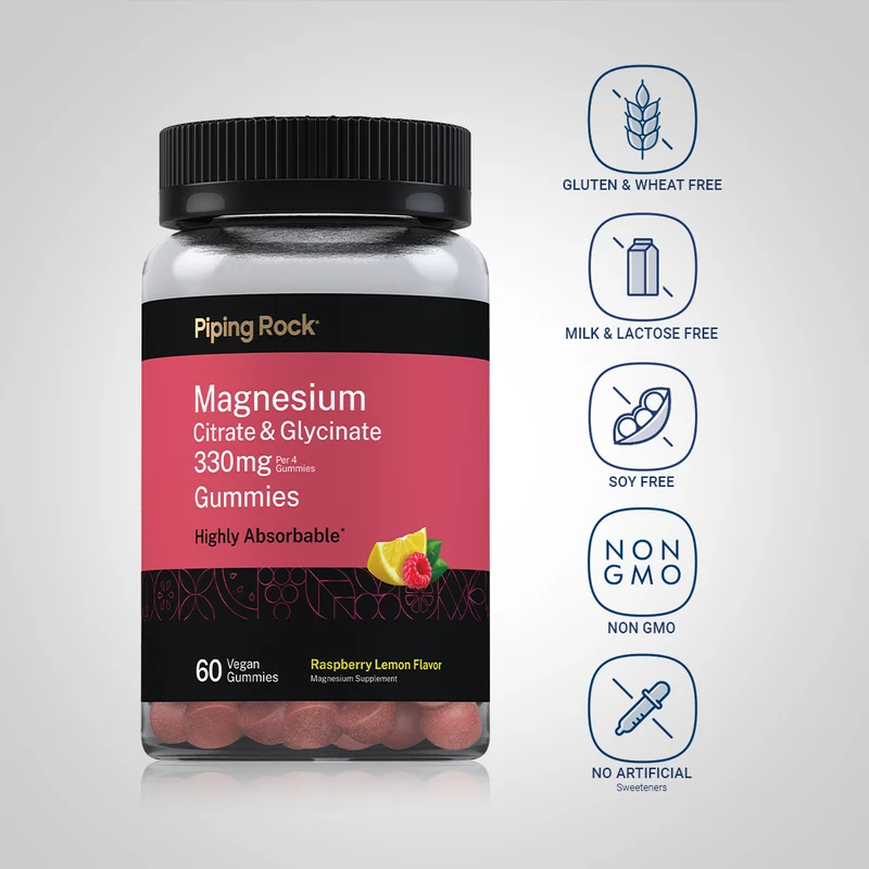 Magnesium Citrate & Glycinate (Raspberry Lemon), 330 mg (per serving), 60 Vegan Gummies, 2 Bottles