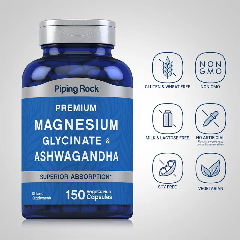 Magnesium Glycinate + Ashwagandha, 150 Vegetarian Capsules, 2 Bottles
