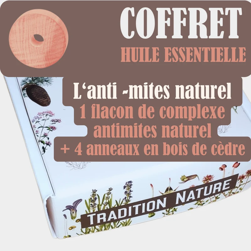 Coffret Anti-Mites Naturel | 10 ml Complexe repulsif + 4 anneaux en bois de cèdre