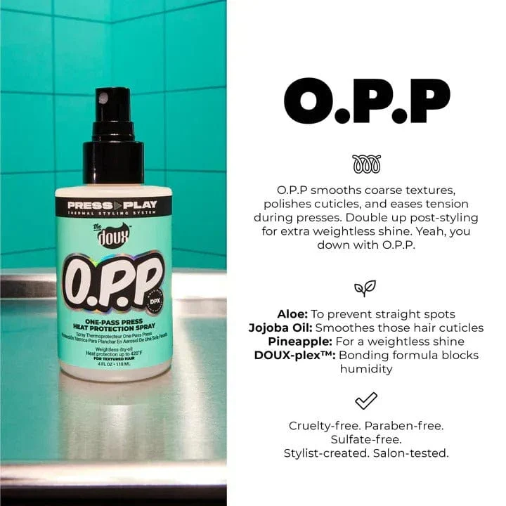 The Doux – O.P.P. One-Pass Press Spray thermoprotecteur pour cheveux texturés – 118 ml