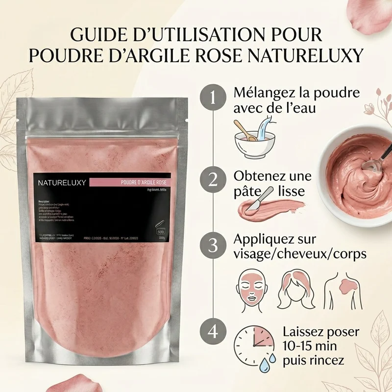 Argile rose en poudre 250 g – Usage externe (masque visage, cheveux, bain)