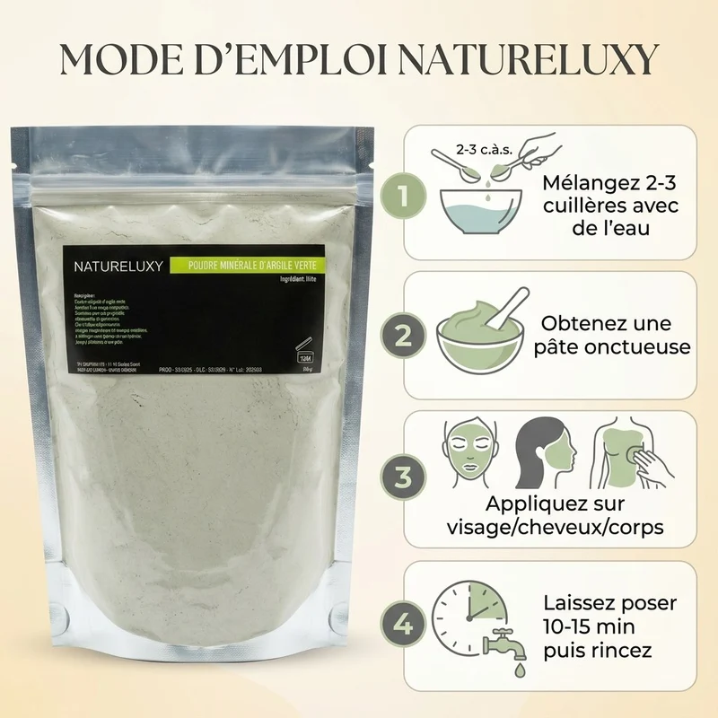 Argile verte en poudre 500 g – Usage externe (visage, cheveux, bains)