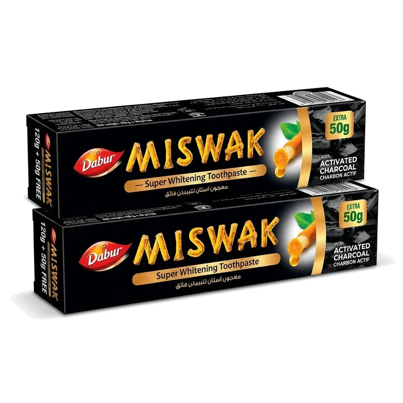 Lot de 2 – Dabur Miswak Dentifrice Blanchissant au Charbon Actif – 120 g + 50 g (x2)