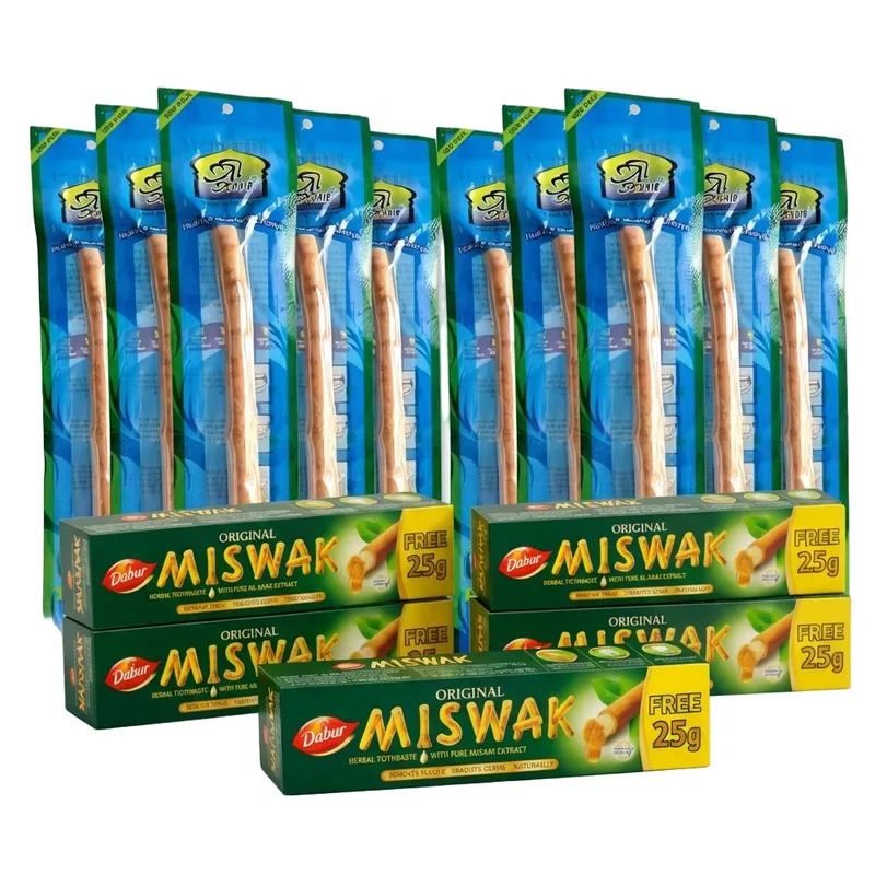 Pack Hygiène Naturelle : 20 Siwak Arak + 5 Dentifrices Miswak Dabur Sans Fluor