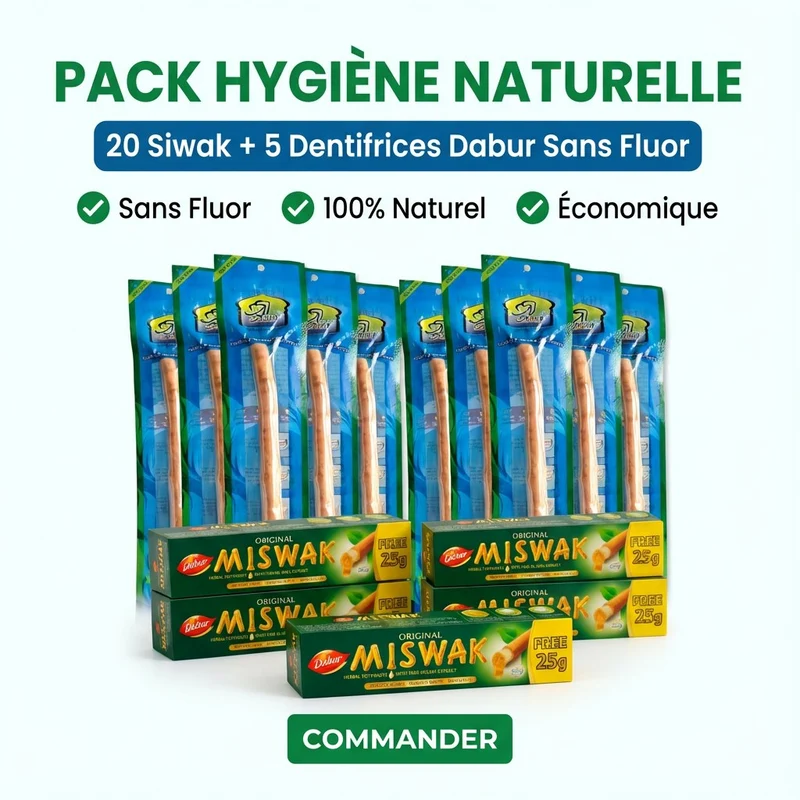 Pack Hygiène Naturelle : 20 Siwak Arak + 5 Dentifrices Miswak Dabur Sans Fluor