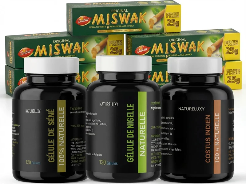 Pack bien-être naturel complet Nigelle, Costus, Séné, Miswak x5