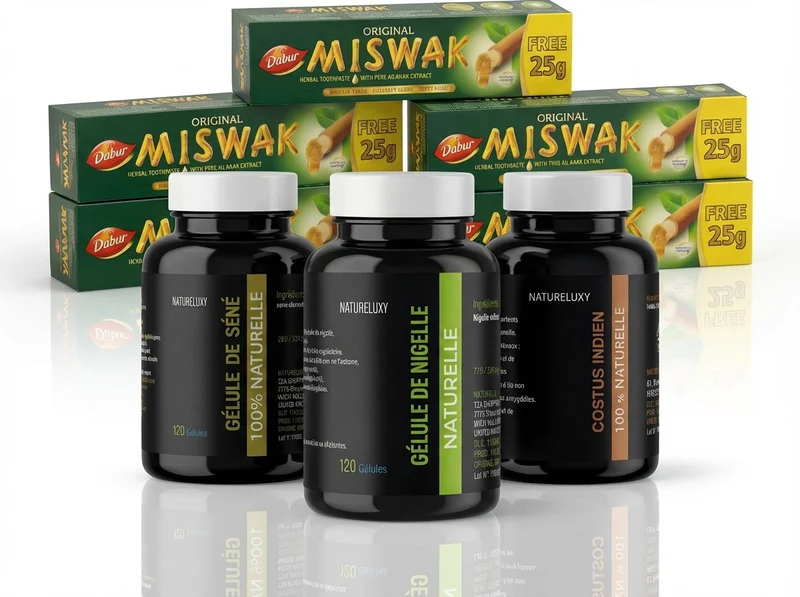 Pack bien-être naturel complet Nigelle, Costus, Séné, Miswak x5