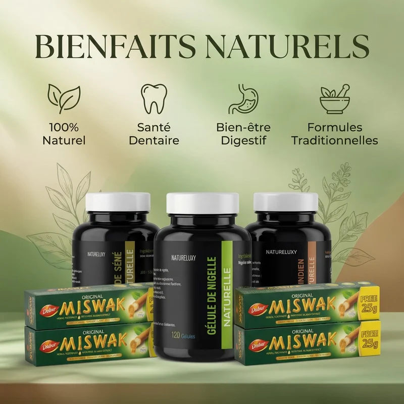 Pack bien-être naturel complet Nigelle, Costus, Séné, Miswak x5