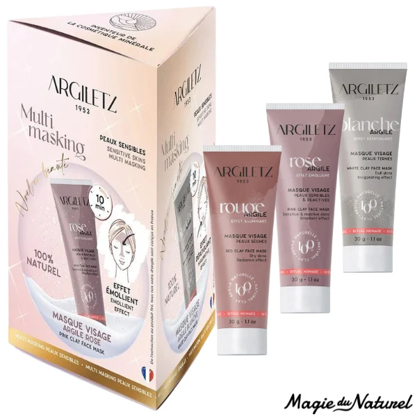 Coffret trio mini masques à l'argile - peaux sensibles ou matures
