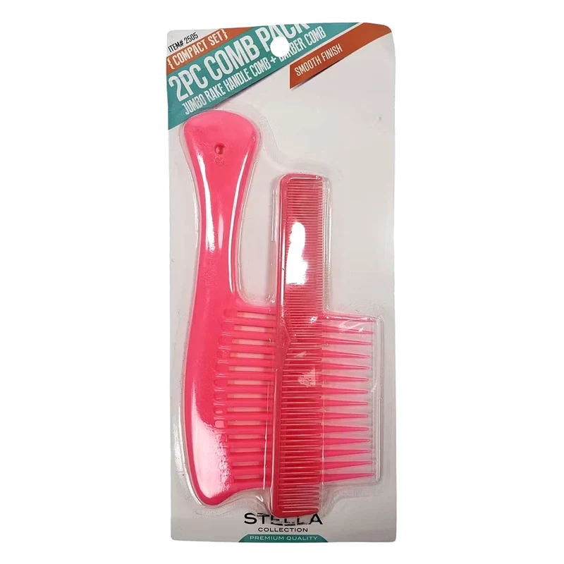 Stella Collection - ITEM# 2505 - Couleur ROSE "Jumbo Rake Handle Comb + Barber Comb"