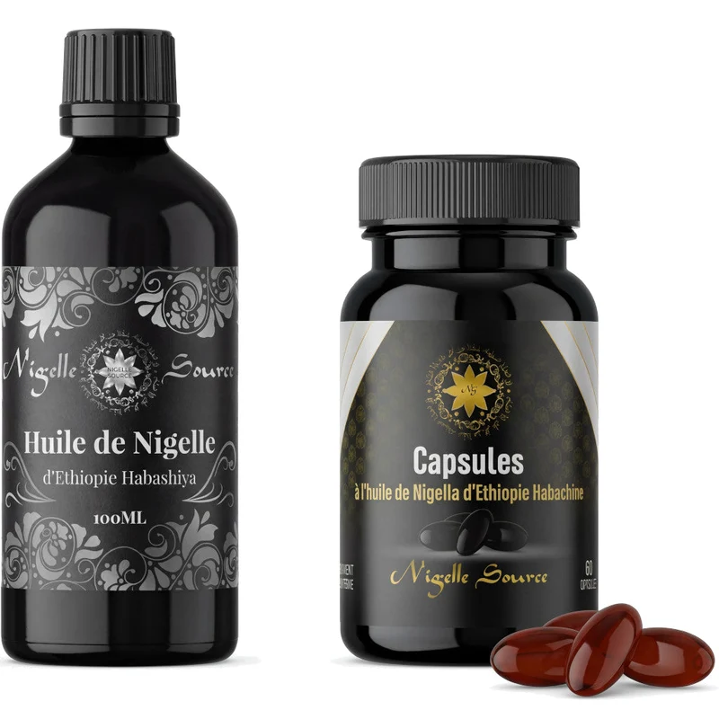 Pack Nigelle d’Éthiopie 99% – 60 Capsules (500 mg) + Huile 100 mL – Cosmétique & Comestible