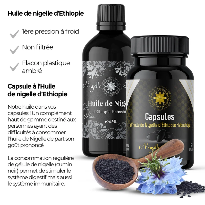 Pack Nigelle d’Éthiopie 99% – 60 Capsules (500 mg) + Huile 100 mL – Cosmétique & Comestible