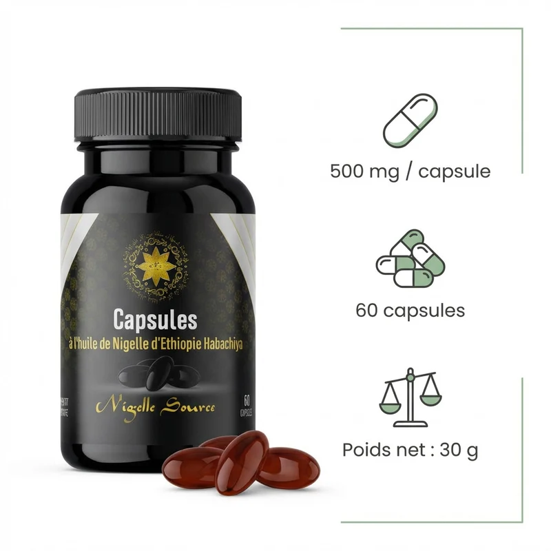 Capsules d’Huile de Nigelle d’Éthiopie – 60 capsules (500 mg) – Habachiya