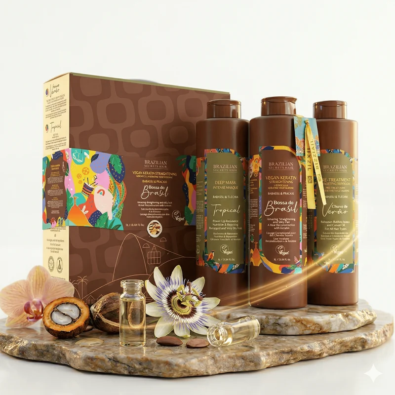 Brazilian Secrets Hair - Kit lissage profond à la kératine végétalienne Bossa do Brasil - 3 x 1L