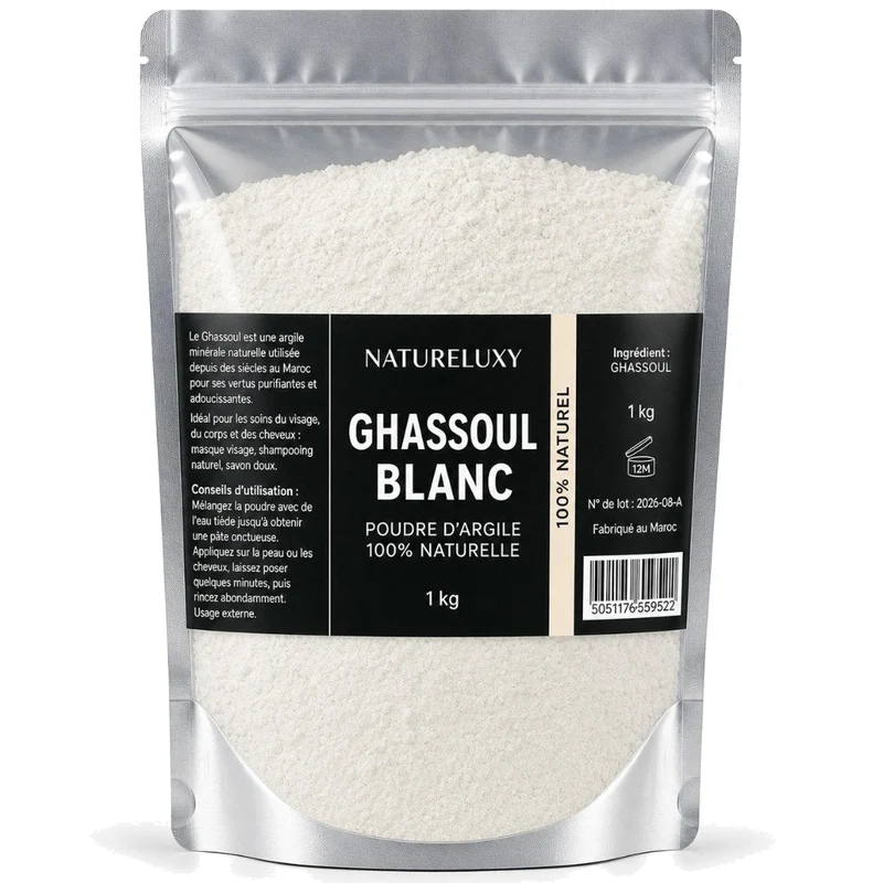 Argile Ghassoul Blanc en Poudre 1Kg Ultrafine Masque Visage Corps et Cheveux