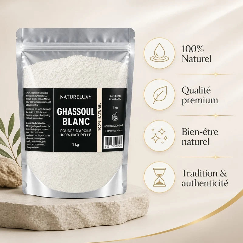 Argile Ghassoul Blanc en Poudre 1Kg Ultrafine Masque Visage Corps et Cheveux