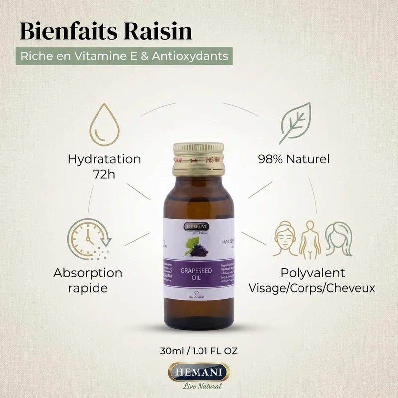 Huile de Pépin de Raisin 30mL 100% Naturelle Hemani
