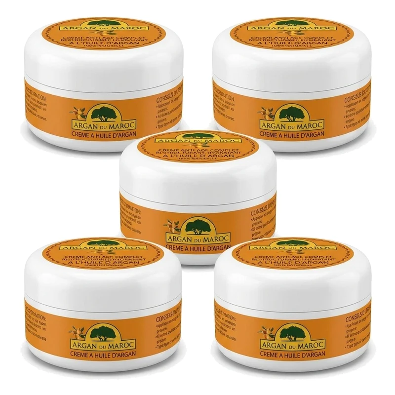 Lot de 5 Crèmes Argan du Maroc 100 mL – Visage & Contour des yeux – Jour & Nuit – Soin hydratant