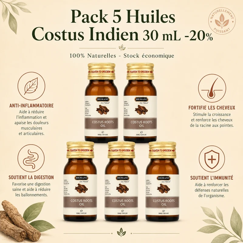 5 Huile de Costus Indien 30mL Hemani 100% naturelle