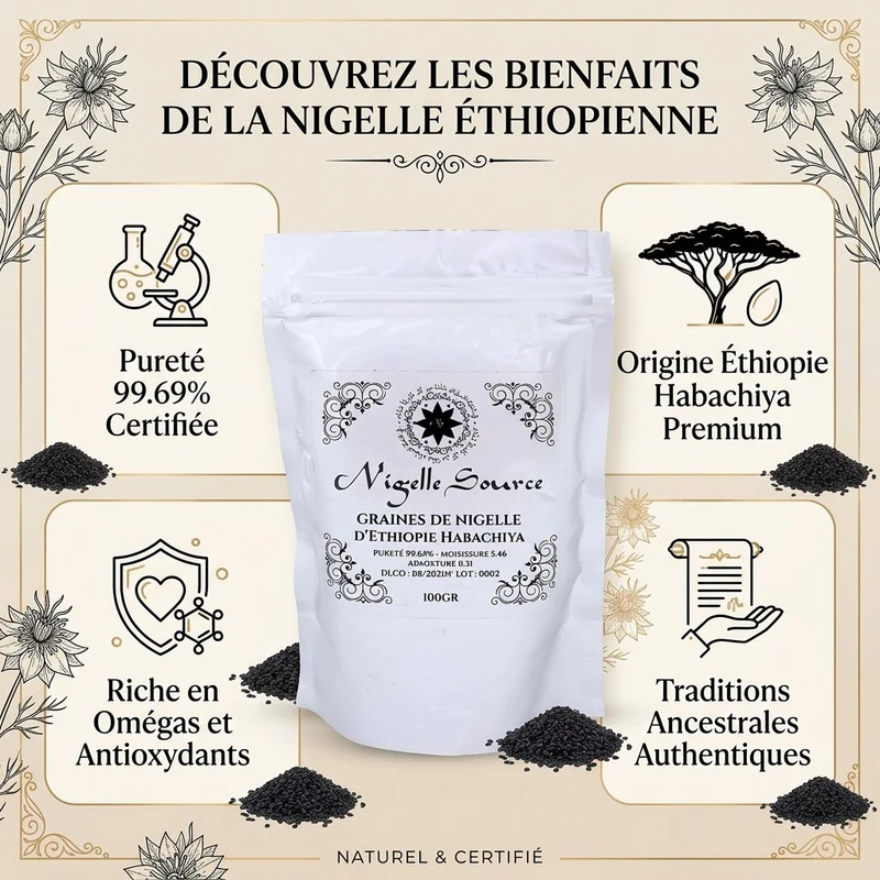 Graine de Nigelle d’Éthiopie 99,7% Pure (Grade A) Naturelle 100 g – Nigella Sativa (Cumin Noir)