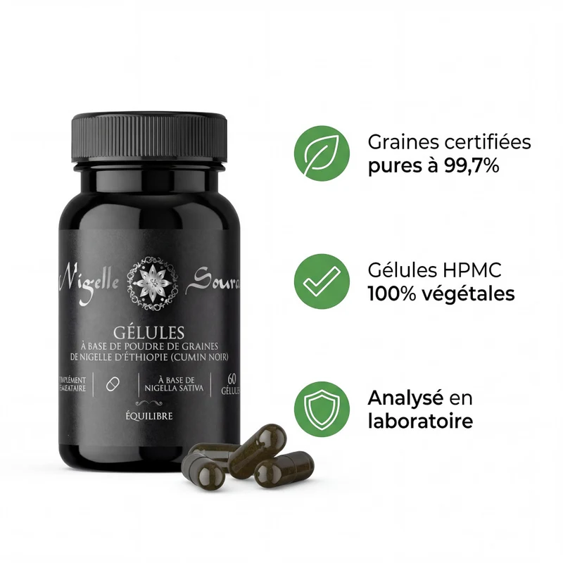 60 Gélules Nigelle d’Éthiopie – Poudre 99,7% Pure – Gélules Végétales