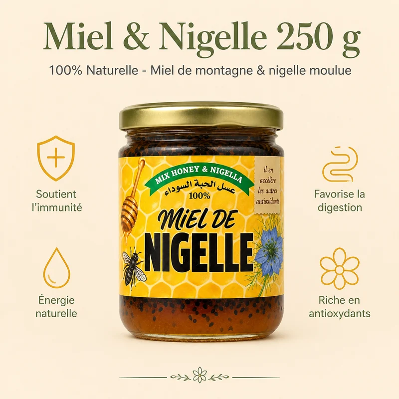 Miel & Nigelle 100% Naturelle 250 g – Miel de montagne & nigelle moulue