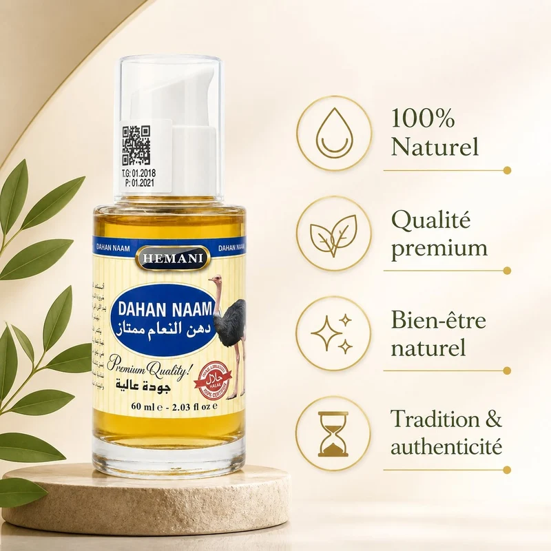 Huile d'Autruche - massage - douleur musculaire - 60mL Hemani