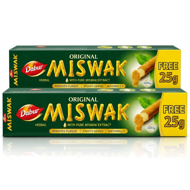 Lot de 2 Dabur Miswak Dentifrice sans fluor – (50 g + 25 g) – Extrait d’Al-Arak