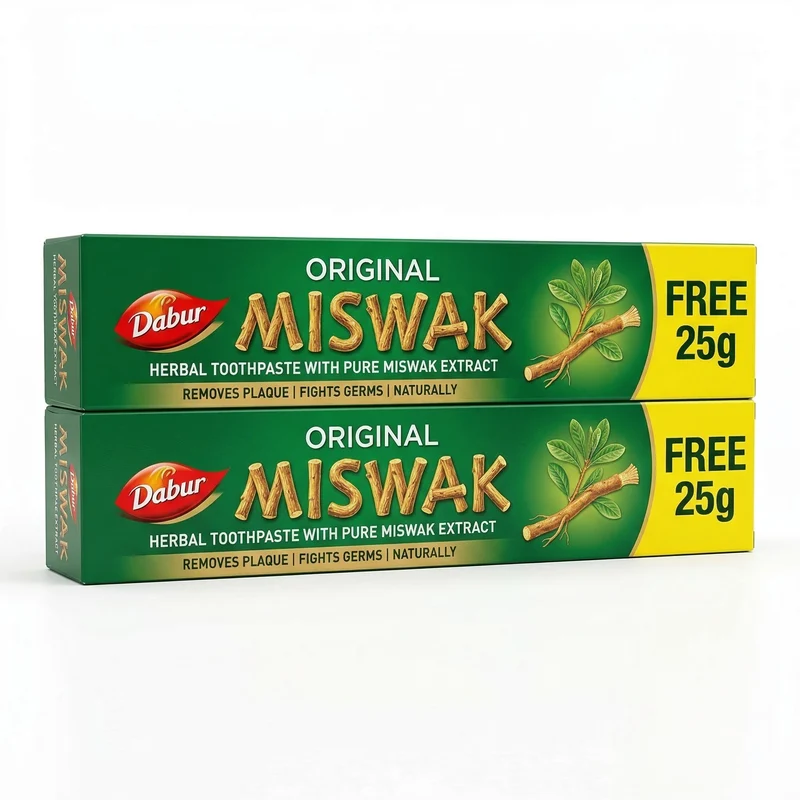 Lot de 2 Dabur Miswak Dentifrice sans fluor – (50 g + 25 g) – Extrait d’Al-Arak