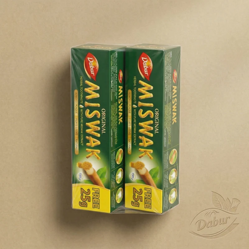 Lot de 2 Dabur Miswak Dentifrice sans fluor – (50 g + 25 g) – Extrait d’Al-Arak