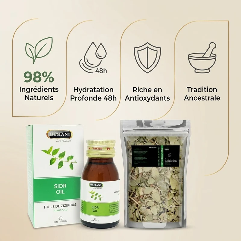 Pack Huile de Sidr 30mL Hemani + Feuille de Sidr (Feuilles de Jujubier)