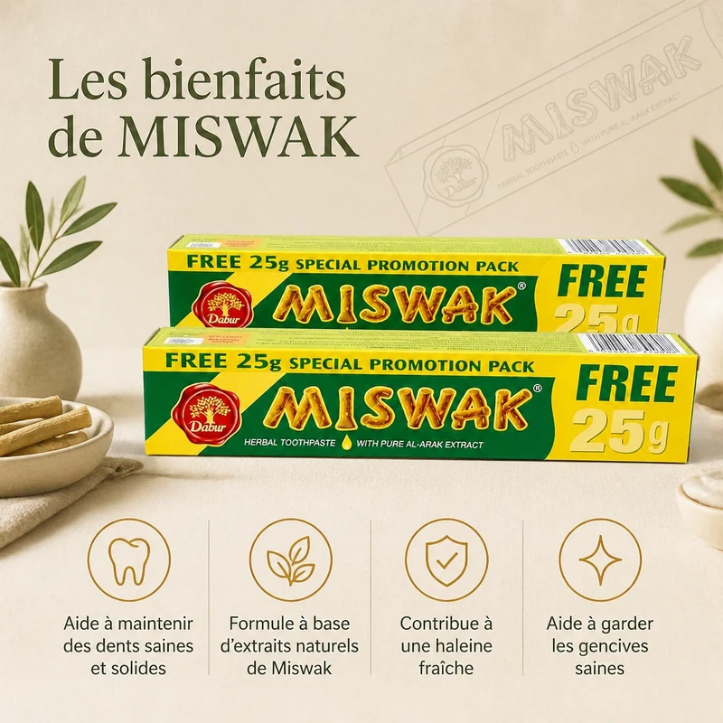 Lot de 2 Dentifrices Miswak Dabur Sans Fluor Siwak arak brosse à dent