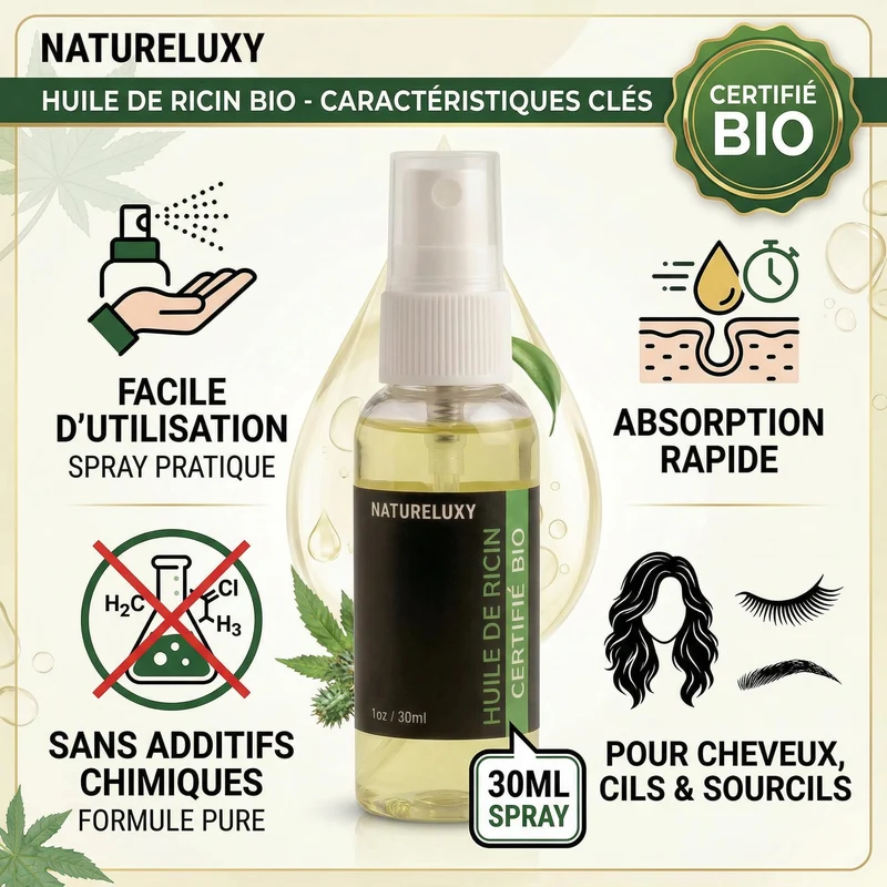 Huile de Ricin 100 ml - Spray Cheveux Ongles Peau